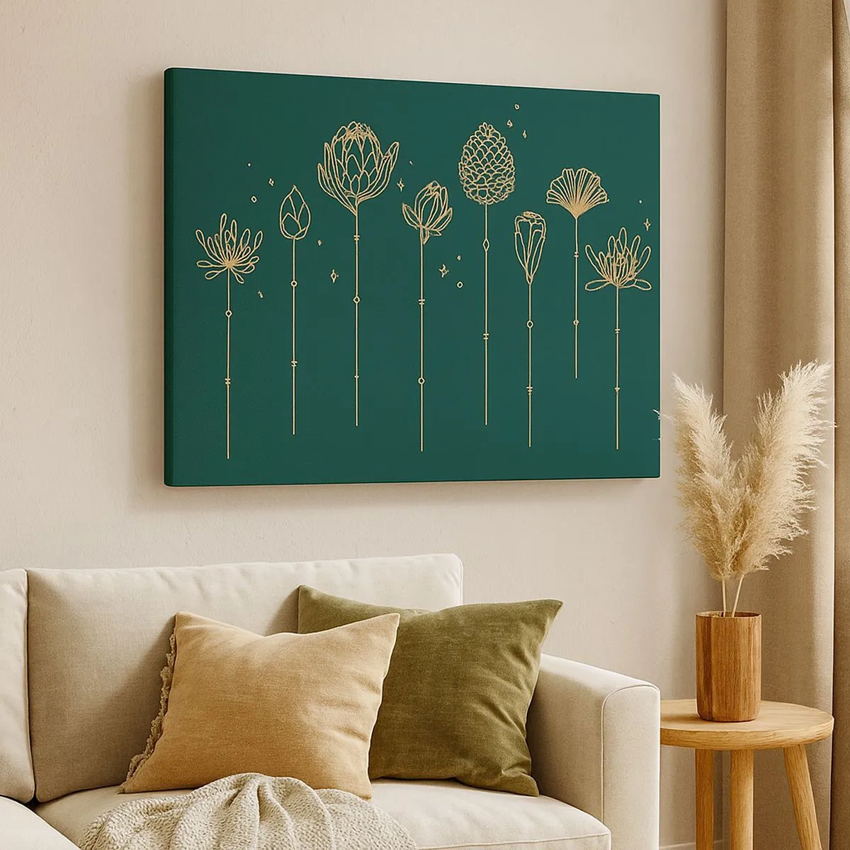 Canvas picture - Golden drawings of herbs on a dark green background - 70x50cm - The Herb Family - Modern wall decoration for the living room and bedroom ARTTOR