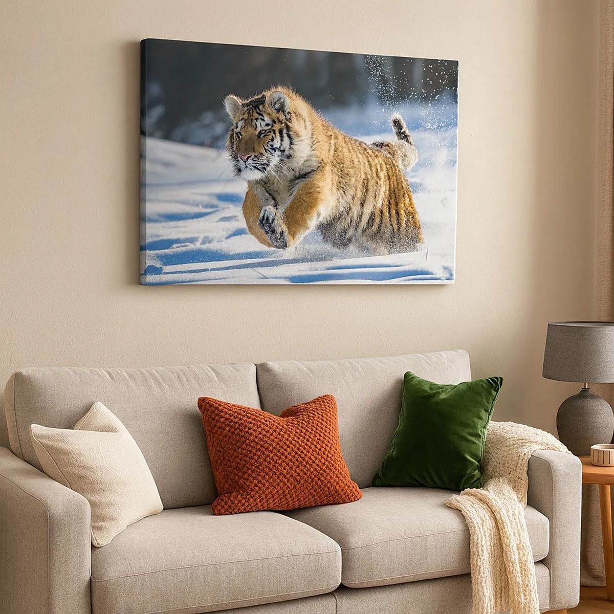 Canvas picture - A Siberian tiger running in a snowy landscape - 70x50cm - God of Siberian Taiga - Modern wall decoration for the living room and bedroom ARTTOR