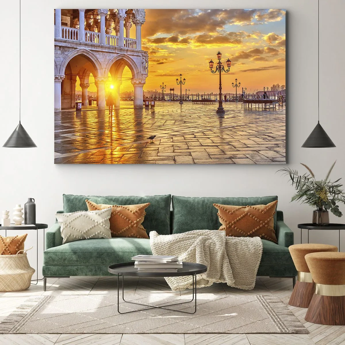 Canvas picture - Golden sunset on the city square with arcades and lamps - 70x50cm - Where Is Everybody? - Modern wall decoration for the living room and bedroom ARTTOR