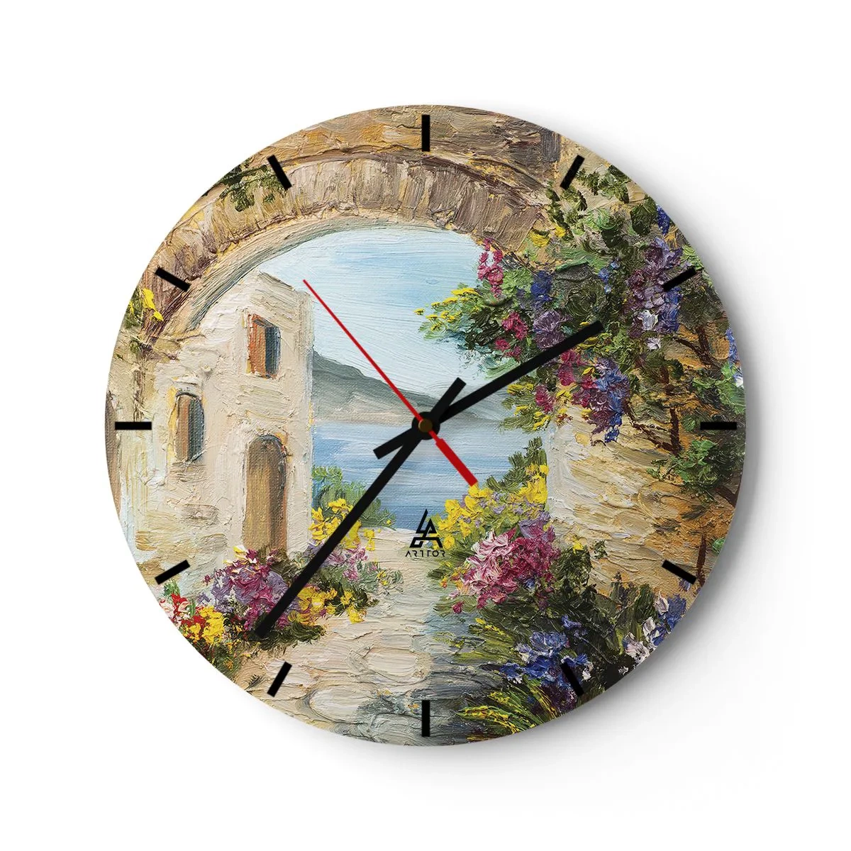 Wall clock - Clock on glass - An atmospheric street with flowers and a view of the sea - 30x30cm - Charm of a Sea Province - Modern wall decoration for the living room, kitchen, and bedroom ARTTOR