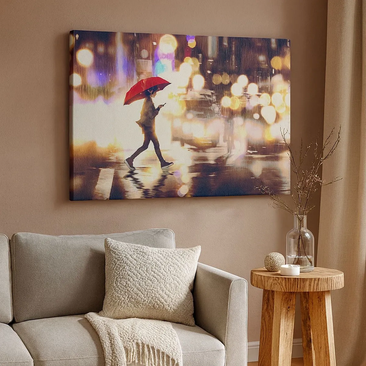 Canvas picture - A figure with a red umbrella on the street in the rain - 70x50cm - It Is Sunny Afterall - Modern wall decoration for the living room and bedroom ARTTOR