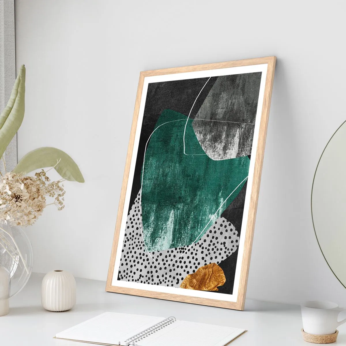 Poster in light oak frame - Colourful Abstract with a Golden Petal - 50x70 cm