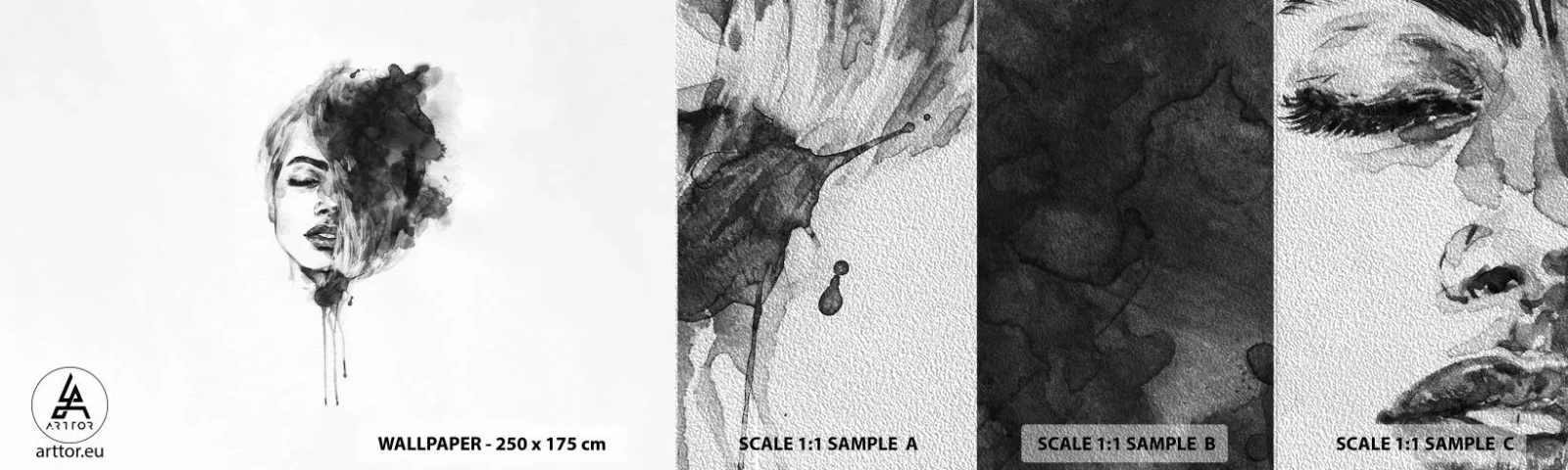 Photo Wallpaper Sample Premium Sand - What Does a Girl Dream about? - Portrait of a Woman, Woman's Face, Abstraction - 100x30 cm