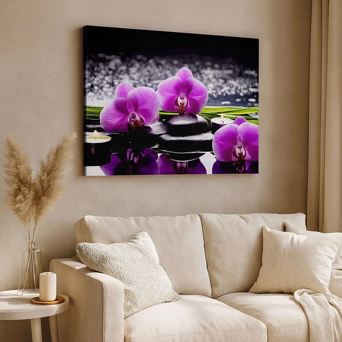 Canvas picture - Purple orchids against a background of stones and candles in a relaxing setting - 70x50cm - Drowning in Peace and Quiet - Modern wall decoration for the living room and bedroom ARTTOR