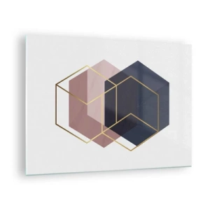 Glass picture - Golden outlines of cubes against a background of navy blue and pink solids - 70x50cm - Power of Simplicity - Modern wall decoration for the living room and bedroom ARTTOR