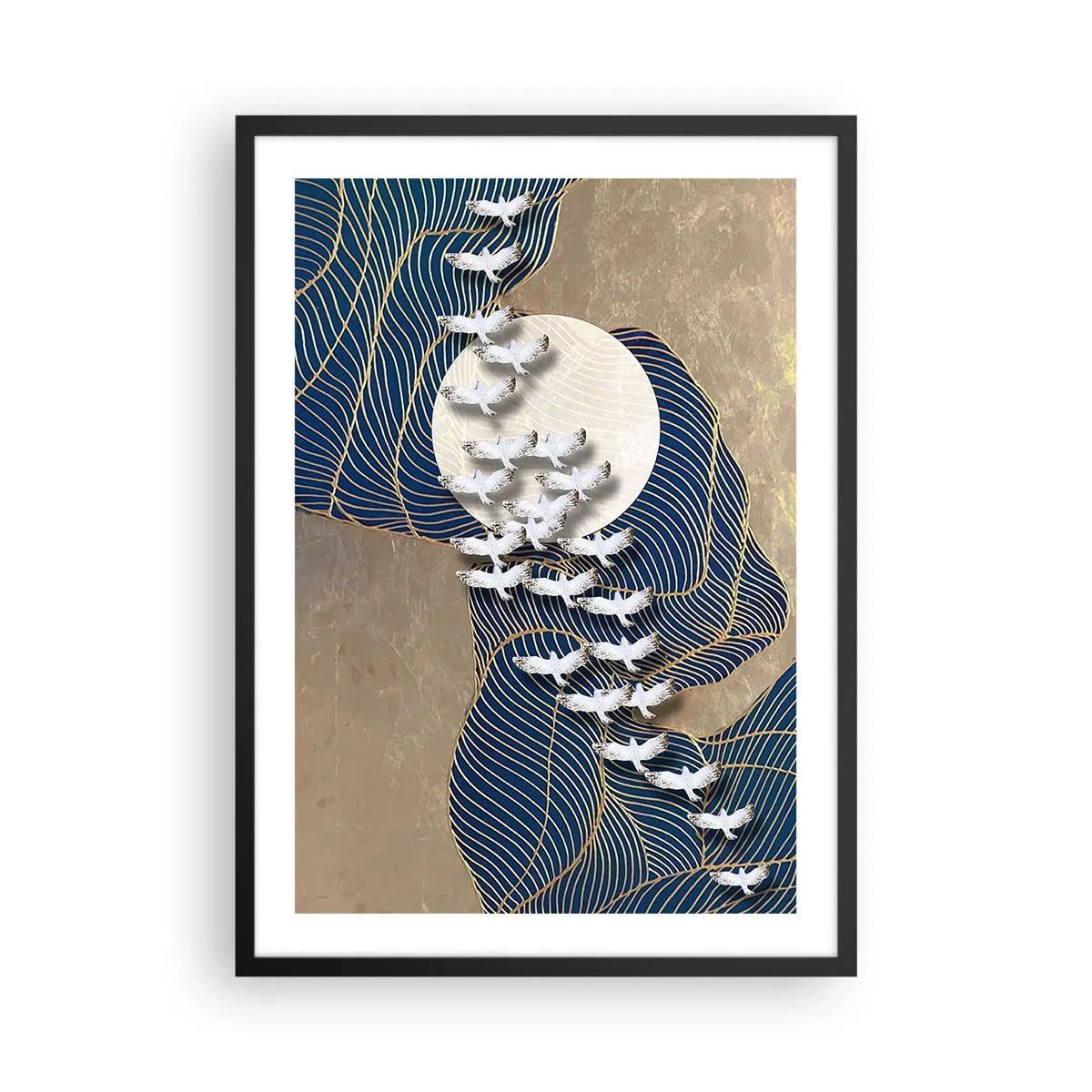 Poster in black frame - Abstract composition with birds and the moon in golden tones - 50x70cm - Freedom, Travel, Community - Modern wall decoration for the living room and bedroom ARTTOR