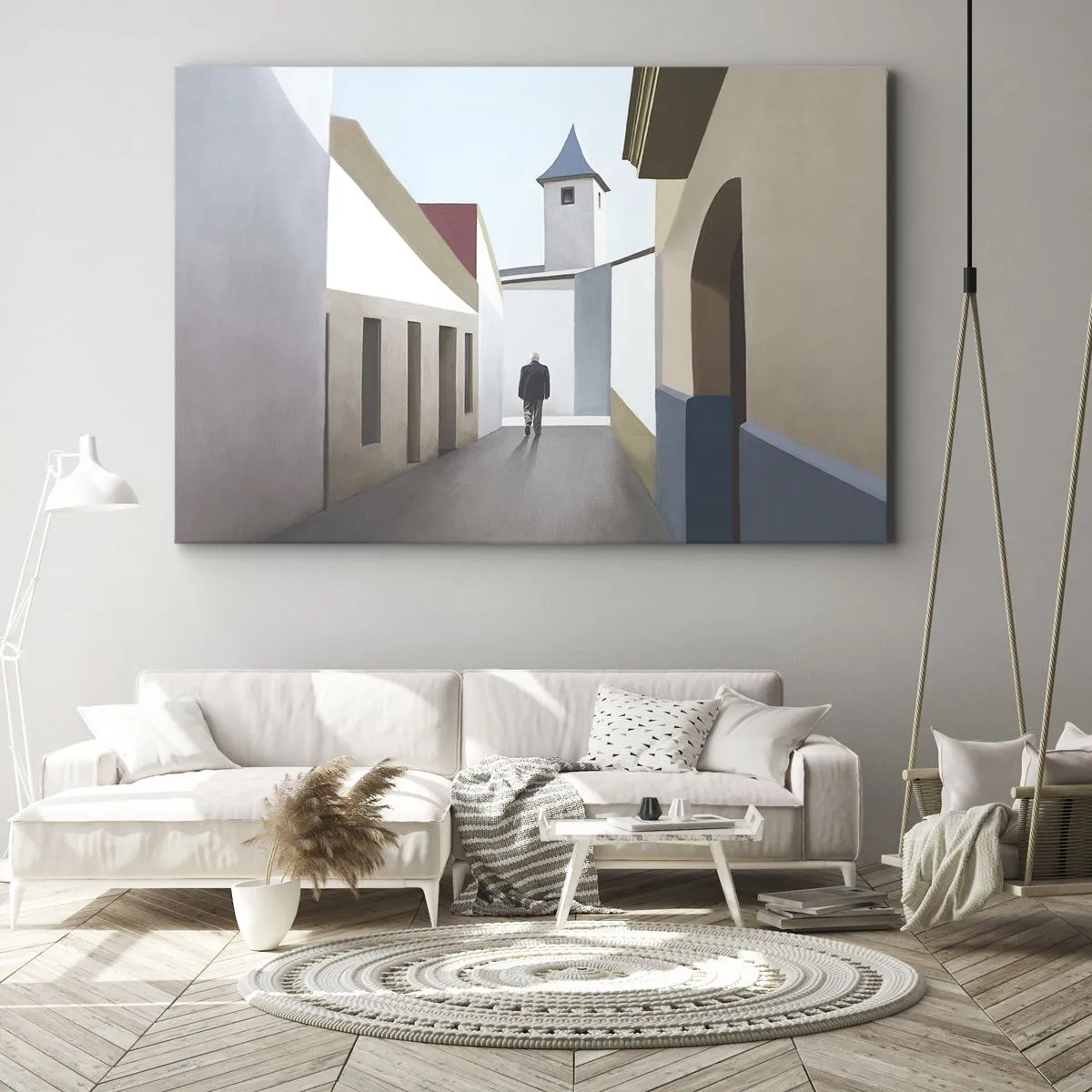 Canvas picture - A minimalist street with a silhouette of a man in the background - 70x50cm - Sunny Walk - Modern wall decoration for the living room and bedroom ARTTOR