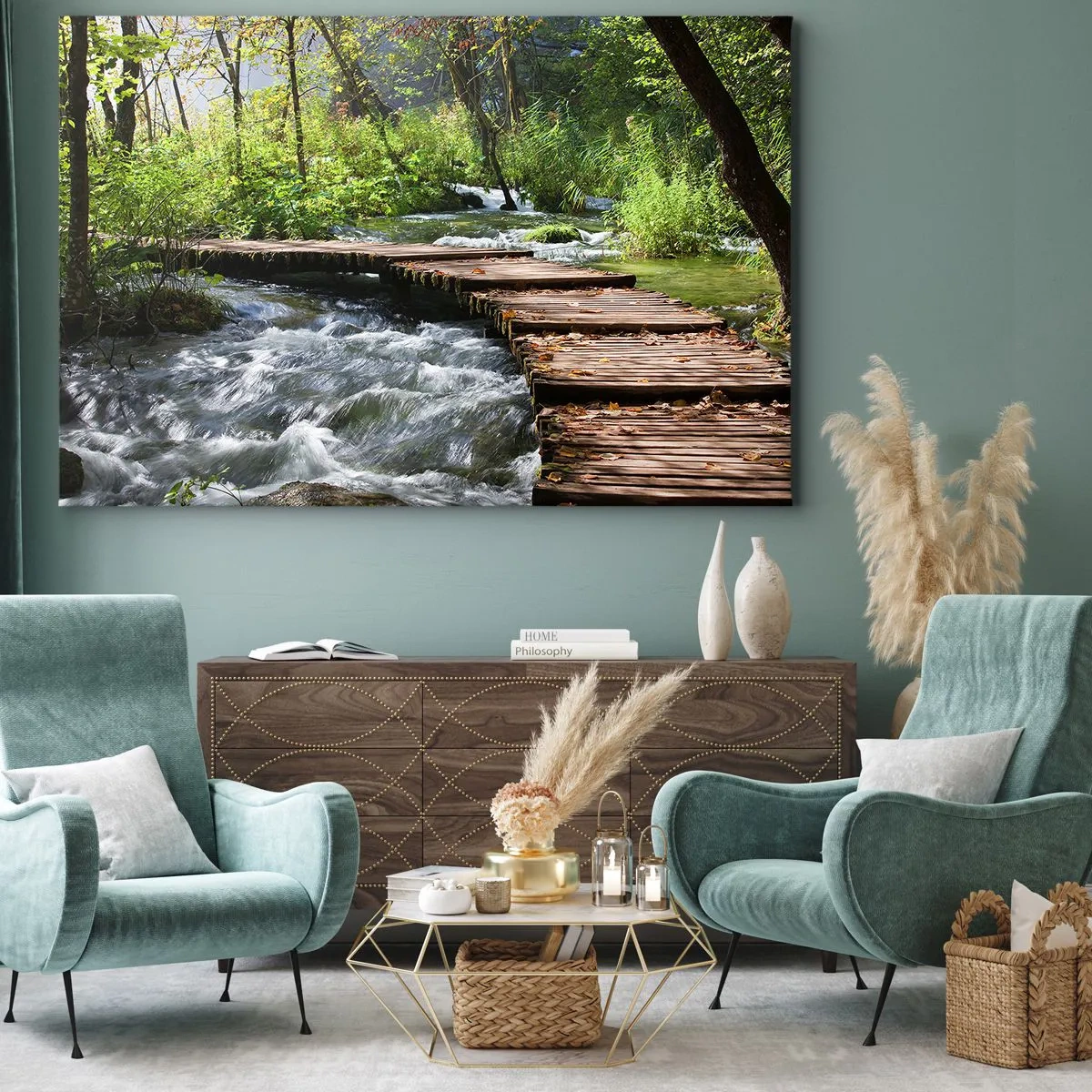 Canvas picture - A wooden bridge over a rushing stream surrounded by the greenery of the forest. - 70x50cm - By the Foamy Cascade - Modern wall decoration for the living room and bedroom ARTTOR