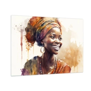 Glass picture - Watercolor portrait of a smiling woman in a turban - 70x50cm - African Queen - Modern wall decoration for the living room and bedroom ARTTOR