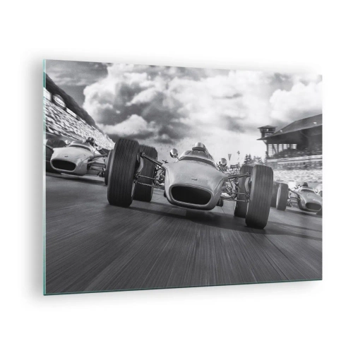Glass picture - Classic car race on a track in black and white - 70x50cm - There is Power! - Modern wall decoration for the living room and bedroom ARTTOR