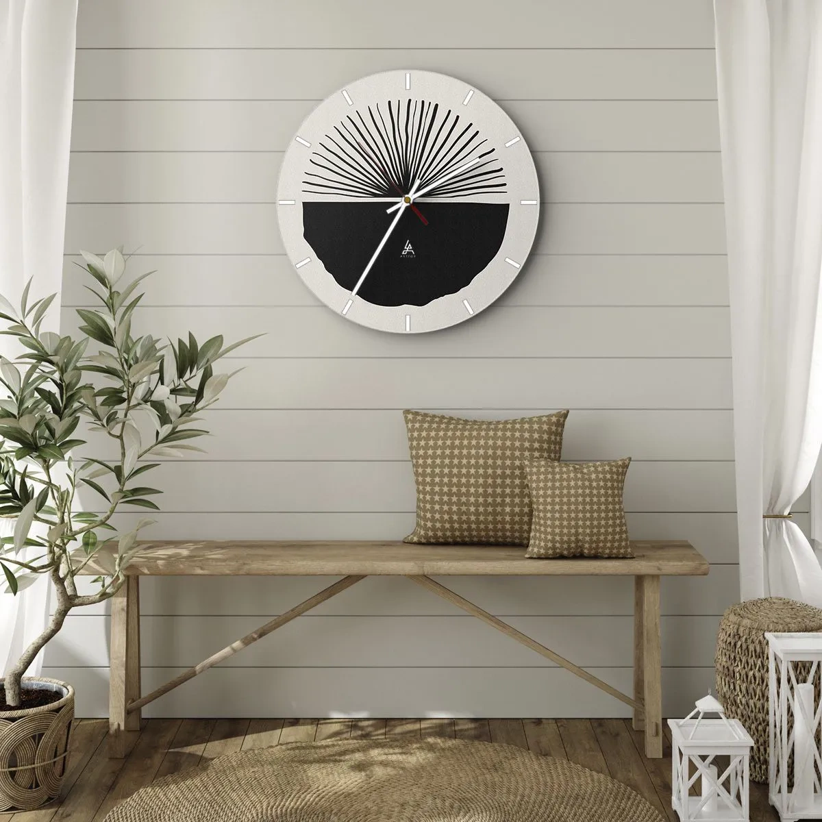 Wall clock - Clock on glass - A black fan motif on a light background in a minimalist style - 30x30cm - Fan of Possibilities - Modern wall decoration for the living room, kitchen, and bedroom ARTTOR