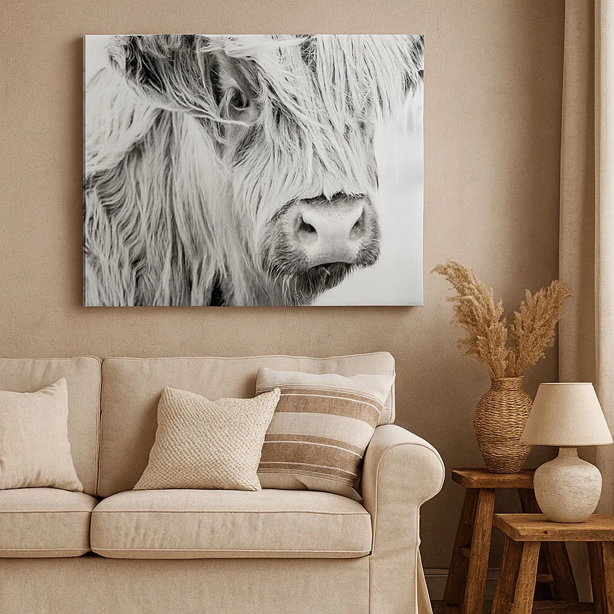 Canvas picture - Portrait of a Scottish cow in black and white - 70x50cm - Scottish Wilderness - Modern wall decoration for the living room and bedroom ARTTOR