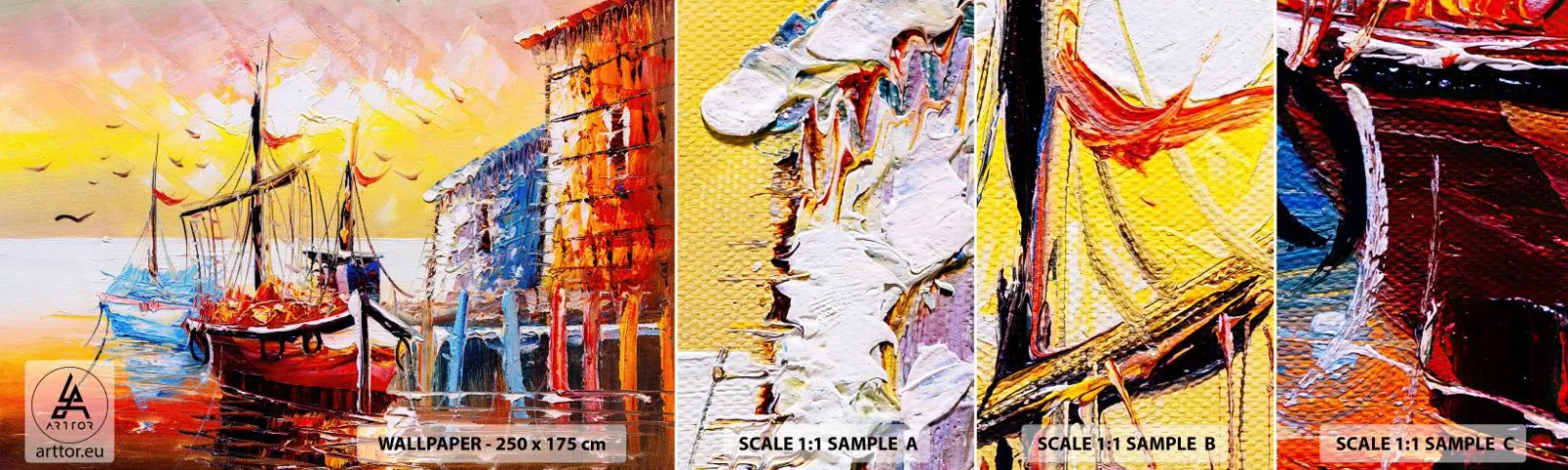 Photo Wallpaper Sample Self-Adhesive Deluxe Sticker - Happy Comeback - Landscape, Fisherman's Port, Boats - 100x30 cm