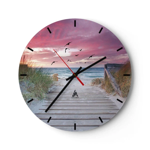Wall clock - Clock on glass - Wooden jetty leading to the beach at sunset - 30x30cm - Baltic Impression - Modern wall decoration for the living room, kitchen, and bedroom ARTTOR
