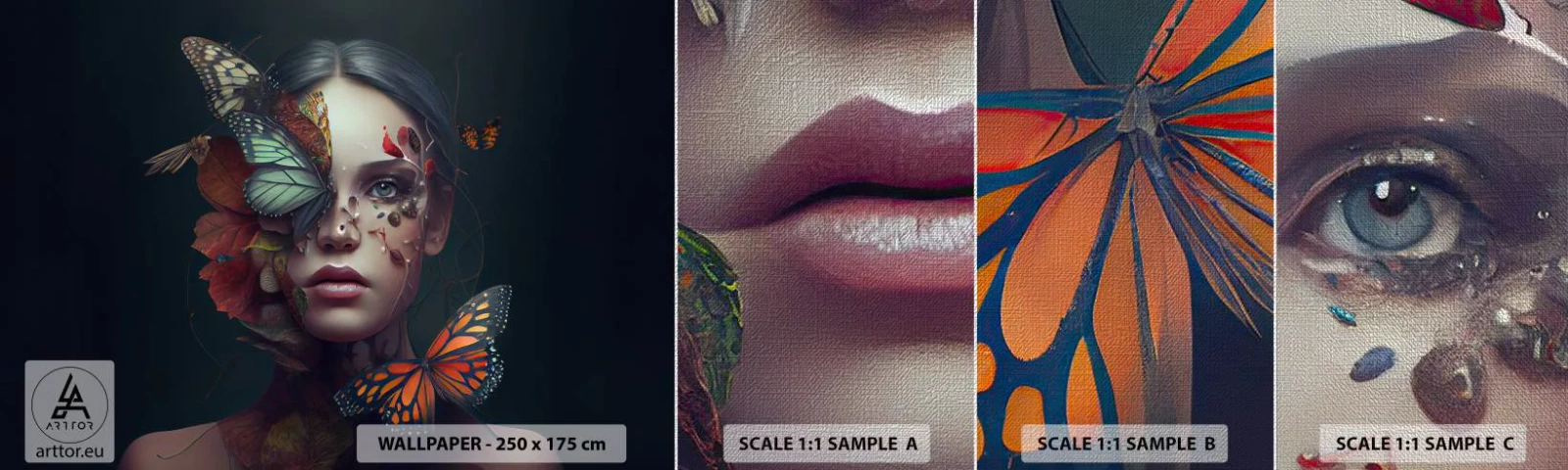 Photo Wallpaper Sample Premium Canvas - Wonderful Metamorphosis - Butterflies, Face, Woman - 100x30 cm