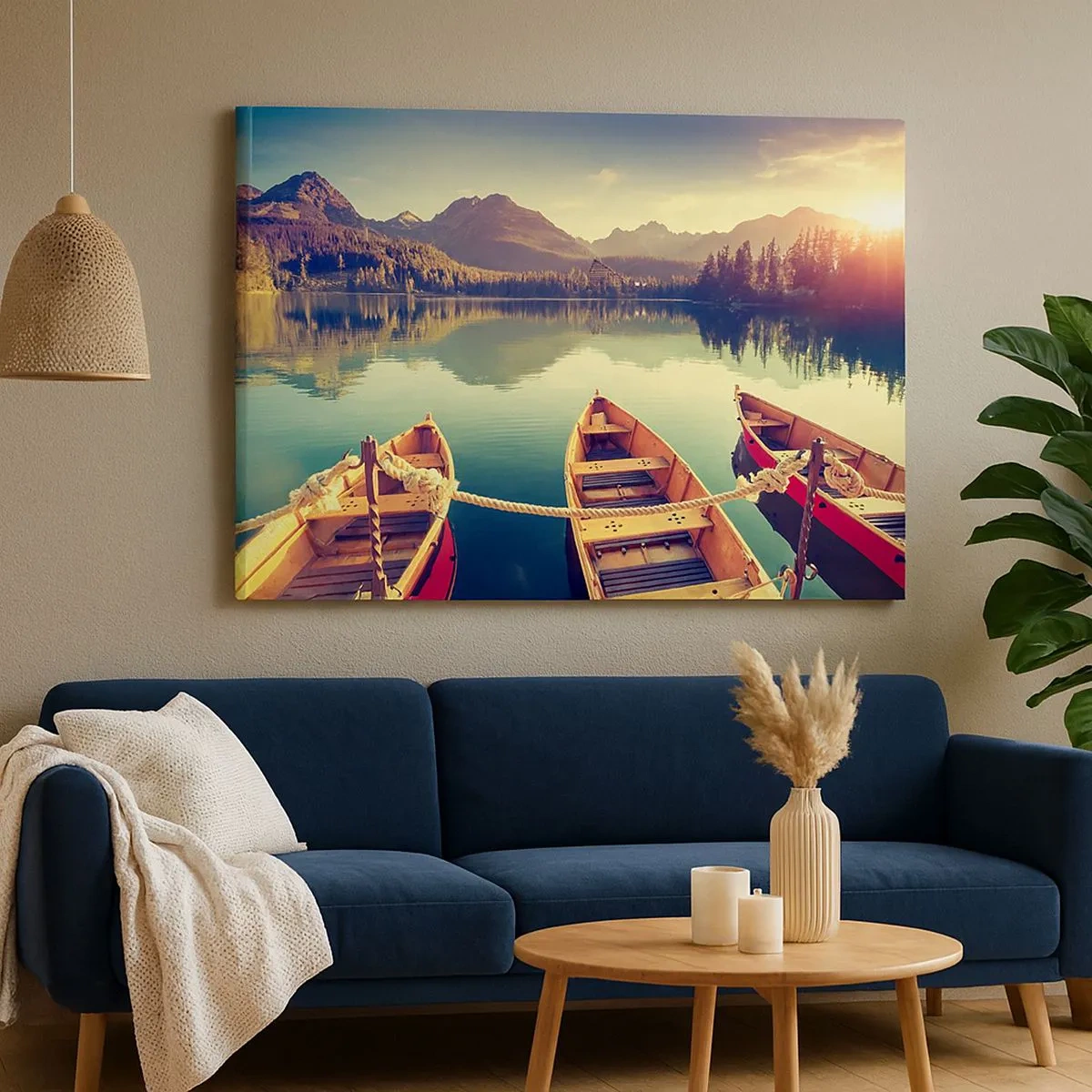 Canvas picture - Boats on a calm lake surrounded by mountains at sunset - 70x50cm - Following Her Rules - Modern wall decoration for the living room and bedroom ARTTOR