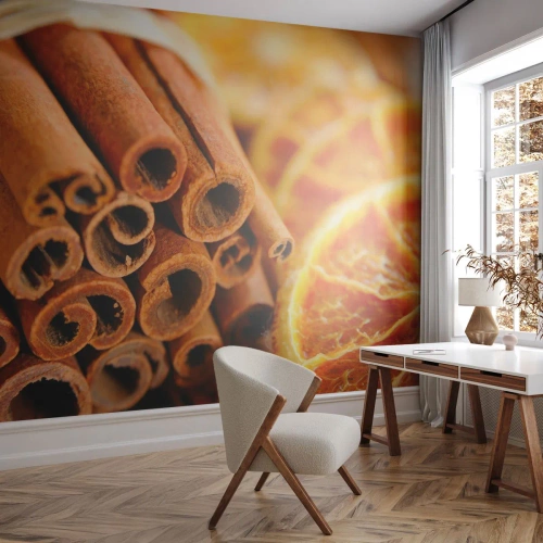 Photo Wallpaper Premium Canvas - Can You Smell the Aroma? - Orange, Cinnamon Stick, Spices - 450x315 cm