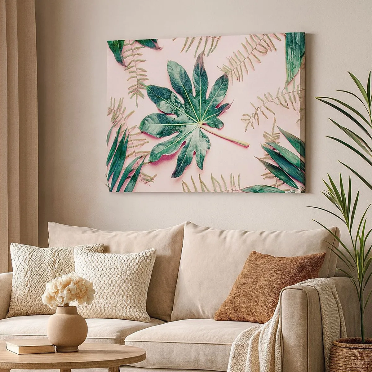 Canvas picture - Tropical leaves on a light pastel background - 70x50cm - Study in Green on Pink Background - Modern wall decoration for the living room and bedroom ARTTOR