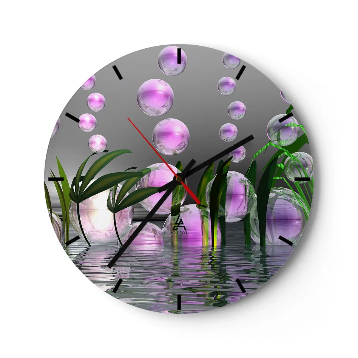 Wall clock - Clock on glass - Abstract bubbles in water with green plants - 30x30cm - Reflexive Composition of Lightness and Life - Modern wall decoration for the living room, kitchen, and bedroom ARTTOR