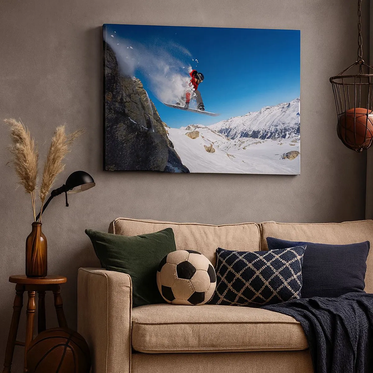 Canvas picture - A snowboarder jumps off a rock against a mountain landscape - 70x50cm - And You Became Part of Space - Modern wall decoration for the living room and bedroom ARTTOR