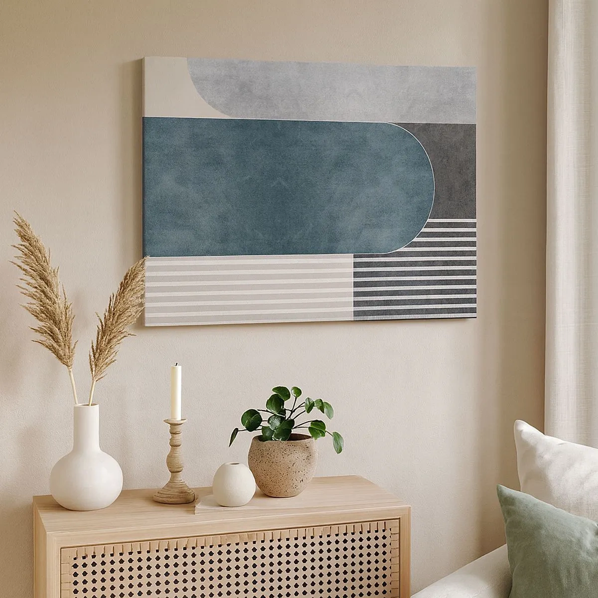 Canvas picture - Geometric abstraction in shades of gray and green - 70x50cm - Levelled Composition - Modern wall decoration for the living room and bedroom ARTTOR