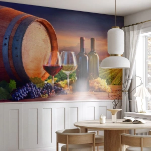 Self-Adhesive Photo Wallpaper Deluxe Sticker - Here Life Is Full of Flavour - Vineyard, Wine Barrel, Grape - 350x256 cm