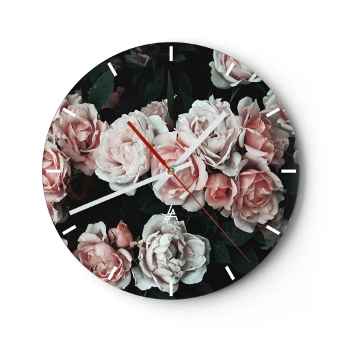 Wall clock - Clock on glass - A bouquet of pink roses on a dark background - 30x30cm - Rose Ensemble - Modern wall decoration for the living room, kitchen, and bedroom ARTTOR