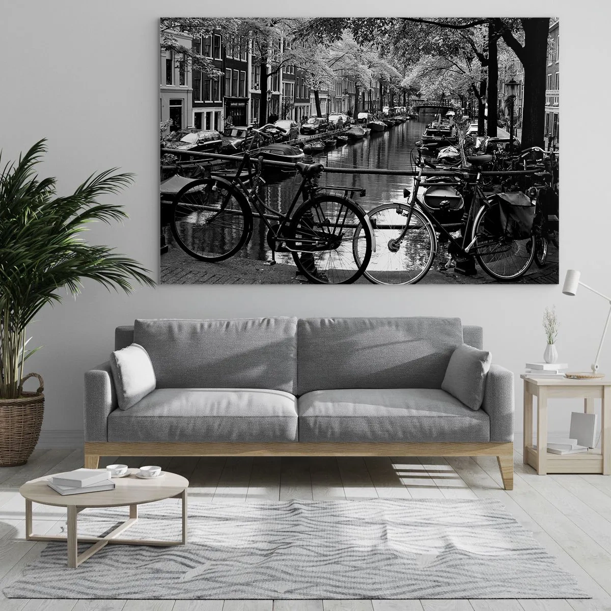 Glass picture - Black and white view of a canal with bicycles and boats - 70x50cm - A Very Dutch View - Modern wall decoration for the living room and bedroom ARTTOR