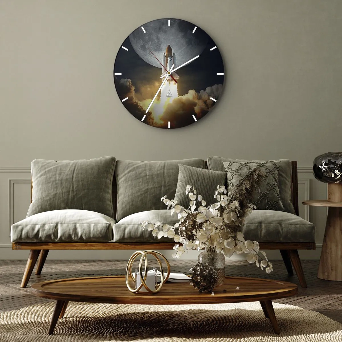 Wall clock - Clock on glass - A rocket taking off against the backdrop of the moon in the night sky - 30x30cm - Beginning of Unearthly Adventure - Modern wall decoration for the living room, kitchen, and bedroom ARTTOR