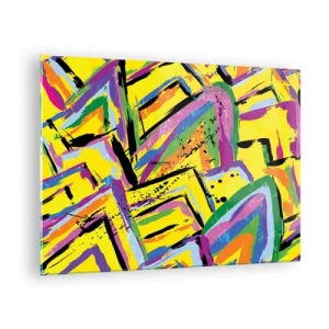 Glass picture - Intense abstraction in bright colors on a yellow background - 70x50cm - Screaming from Joy - Modern wall decoration for the living room and bedroom ARTTOR