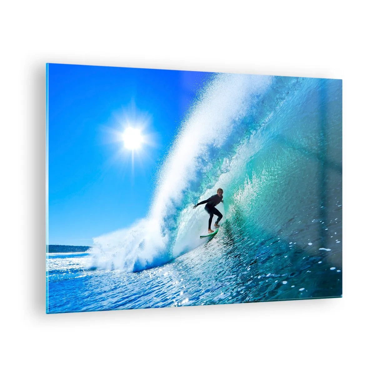 Glass picture - Surfer on a wave on a sunny day - 70x50cm - Across Great Blue - Modern wall decoration for the living room and bedroom ARTTOR