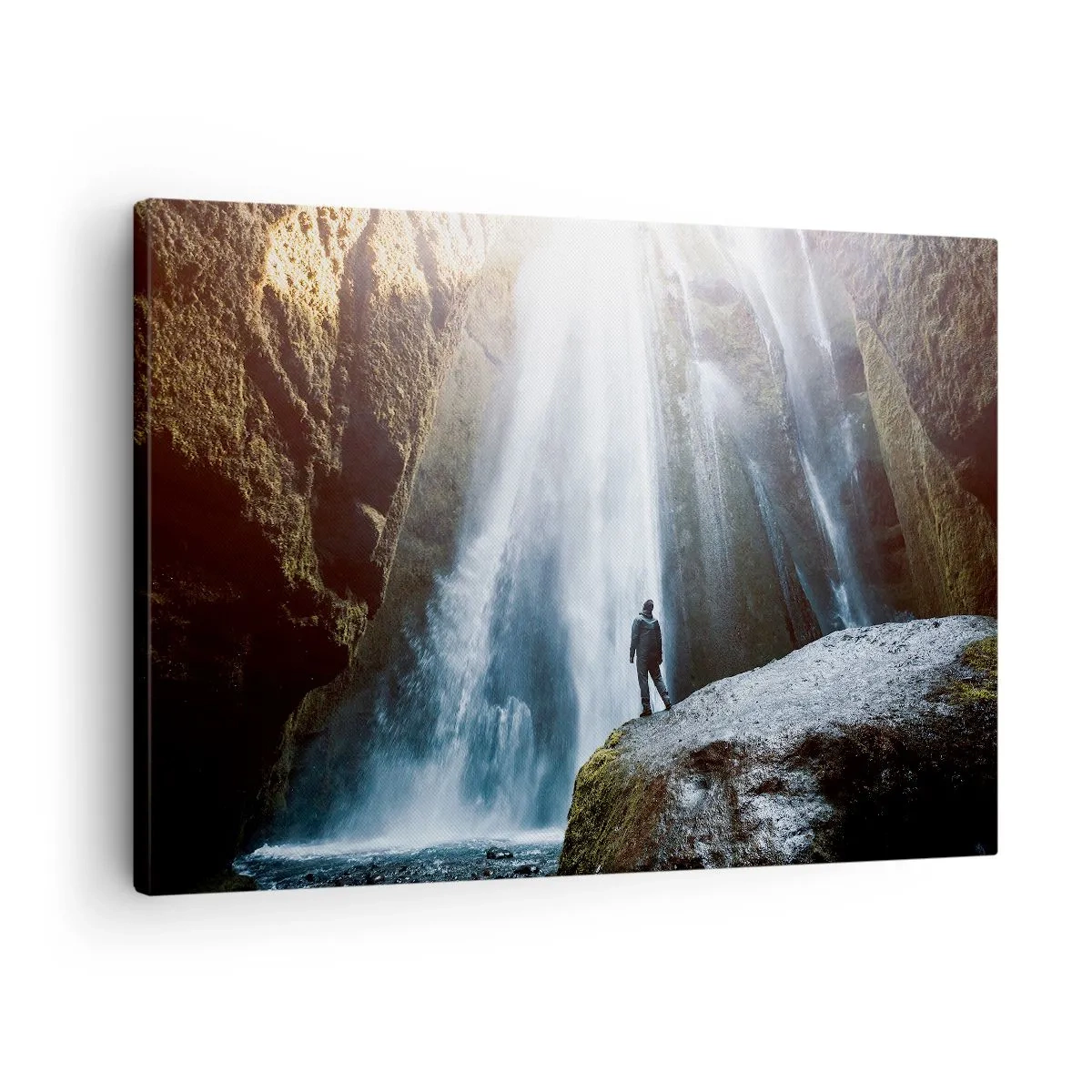 Canvas picture - A figure against the backdrop of a majestic waterfall in a rocky gorge - 70x50cm - Proportions Resumed - Modern wall decoration for the living room and bedroom ARTTOR
