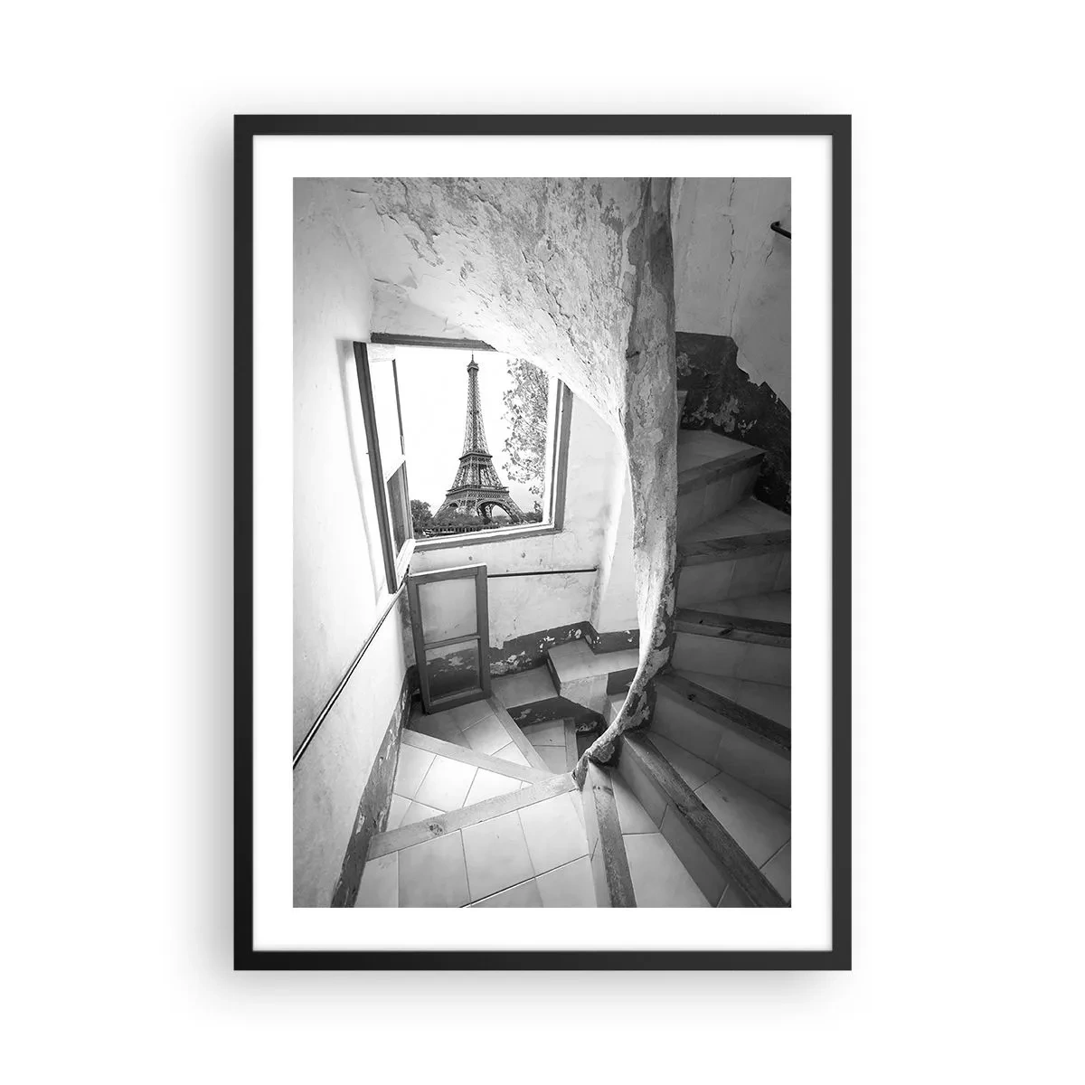 Poster in black frame - View of the Eiffel Tower through a window in an old building - 50x70cm - What a View! - Modern wall decoration for the living room and bedroom ARTTOR