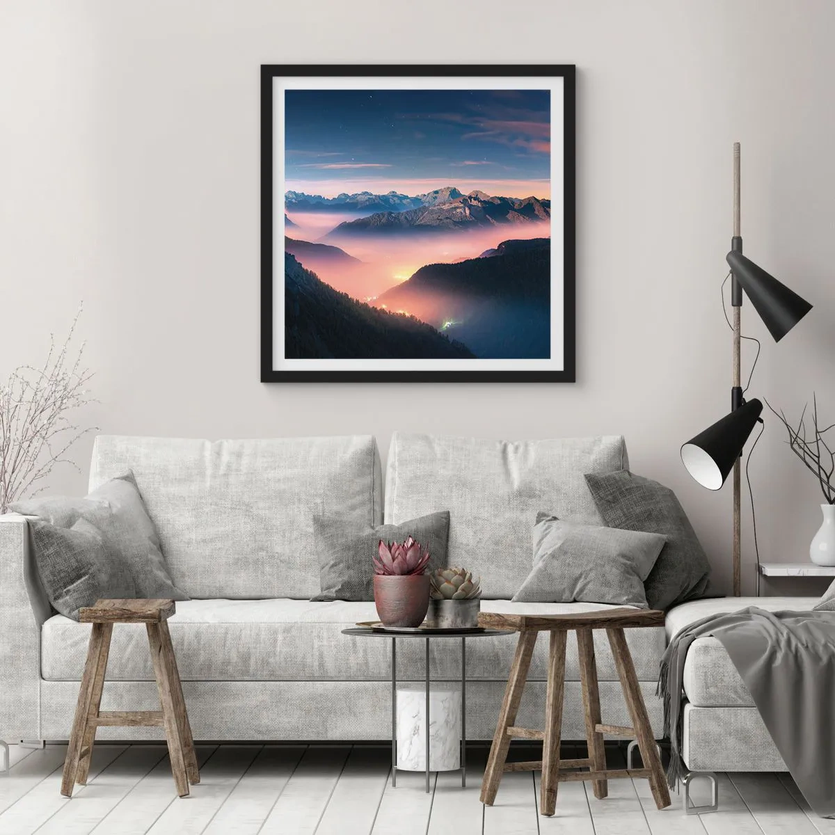 Poster in black frame - Light in the Valleys - 50x50 cm
