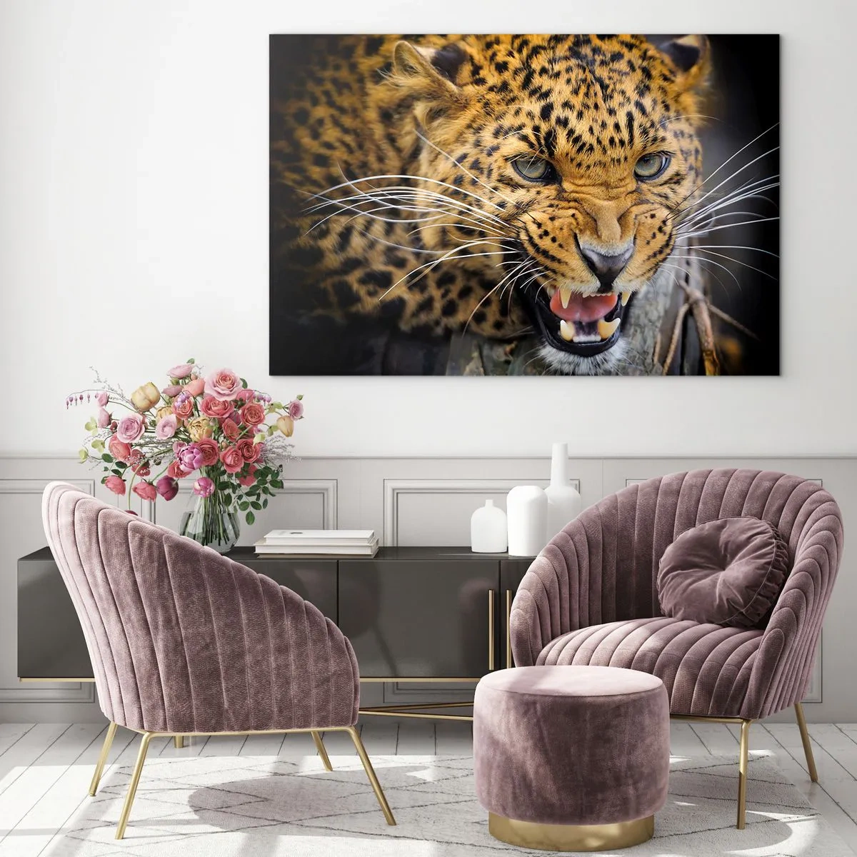 Glass picture - Close-up of an aggressive leopard with clear details - 70x50cm - Do Not Come Close, I am Warning You! - Modern wall decoration for the living room and bedroom ARTTOR