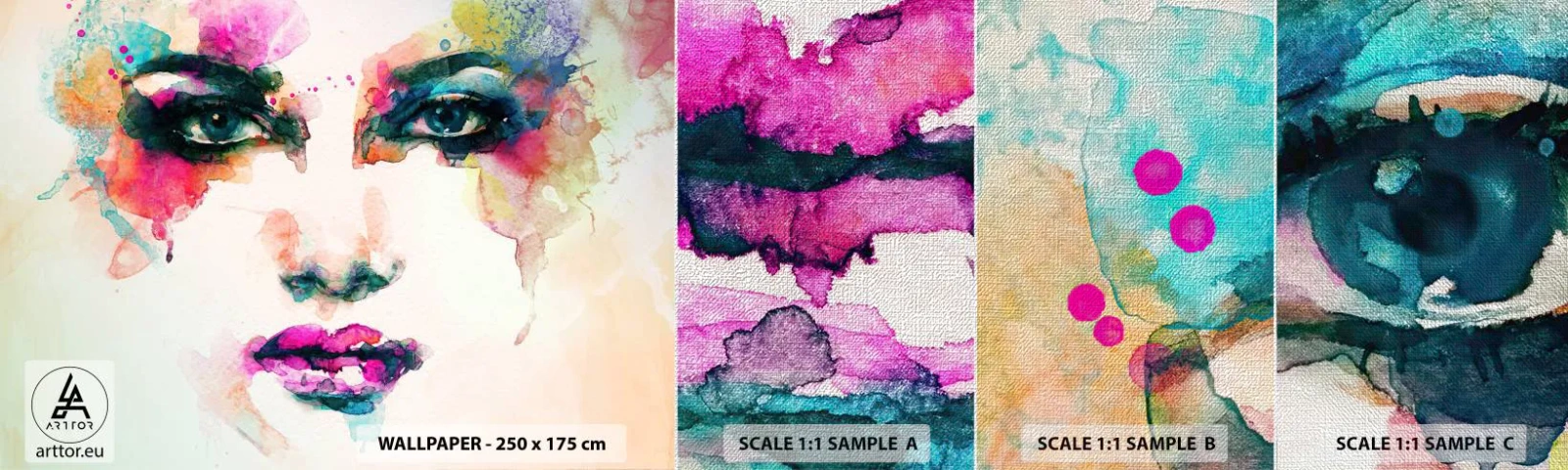 Photo Wallpaper Sample Premium Canvas - Portrait Painted by a Rainbow - Abstraction, Woman's Face, Piece - 100x30 cm