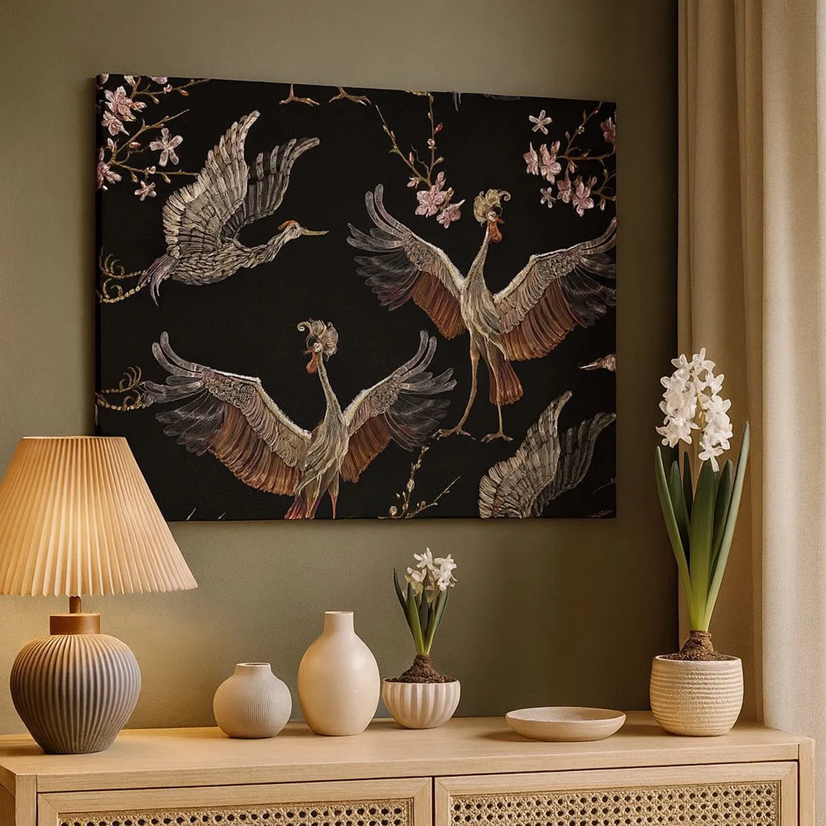 Canvas picture - Stylish cranes and flowers on a black background - 70x50cm - Fairy Tale Bird - Modern wall decoration for the living room and bedroom ARTTOR