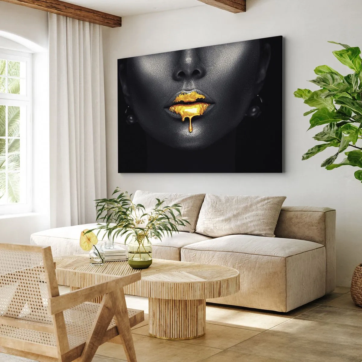 Canvas picture - Black and gold portrait of a woman with a drop of gold on her lips - 70x50cm - Golden Lips - Modern wall decoration for the living room and bedroom ARTTOR