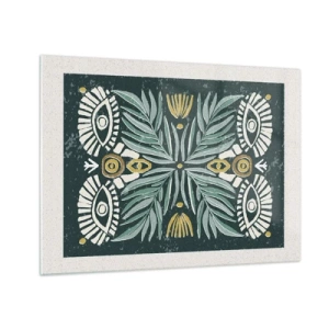 Glass picture - A symmetrical composition of leaves and patterns in a folk style - 70x50cm - Like a Folklore Cutout - Modern wall decoration for the living room and bedroom ARTTOR