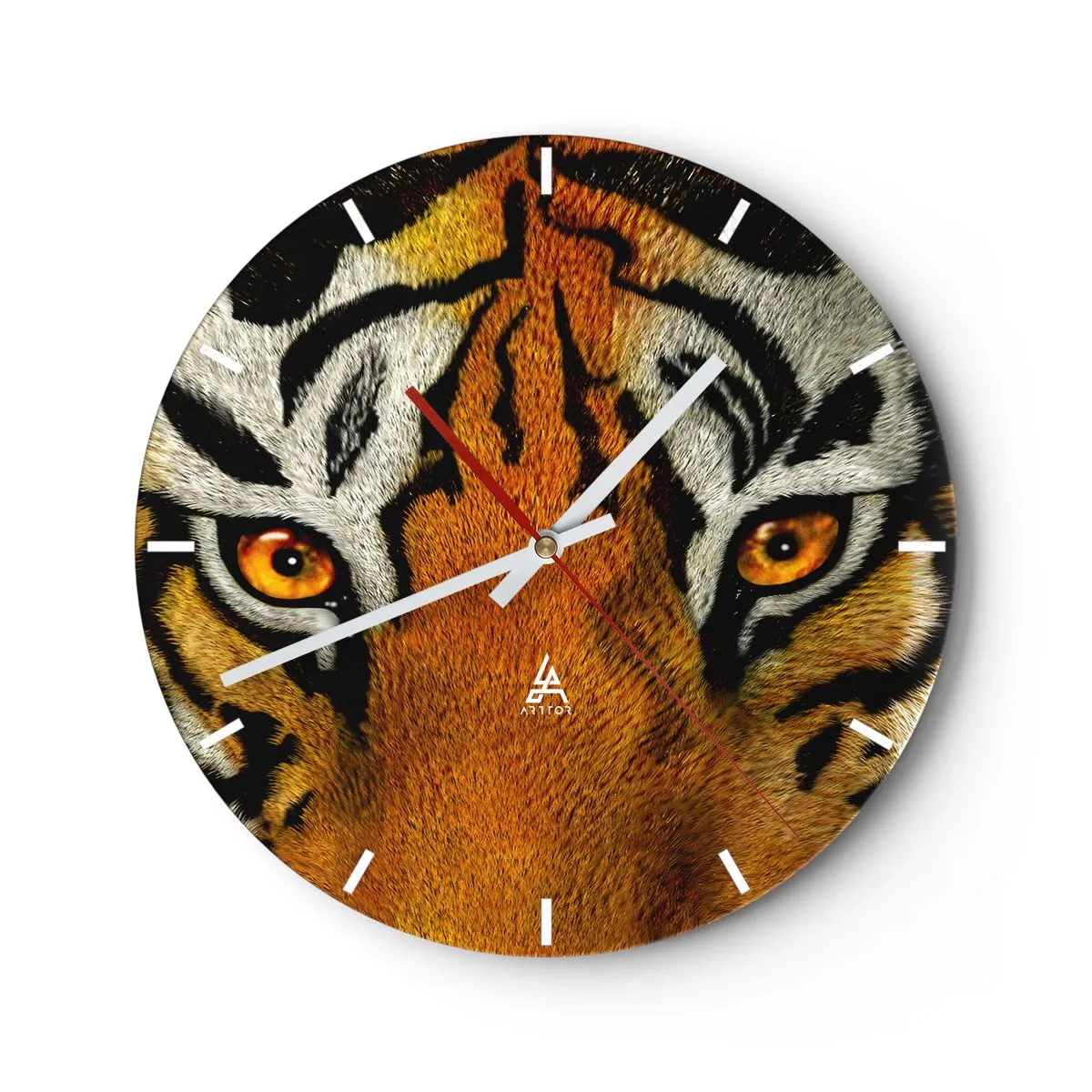 Wall clock - Clock on glass - A close-up of the tiger's intense gaze - 30x30cm - Fearsome and Beautiful - Modern wall decoration for the living room, kitchen, and bedroom ARTTOR