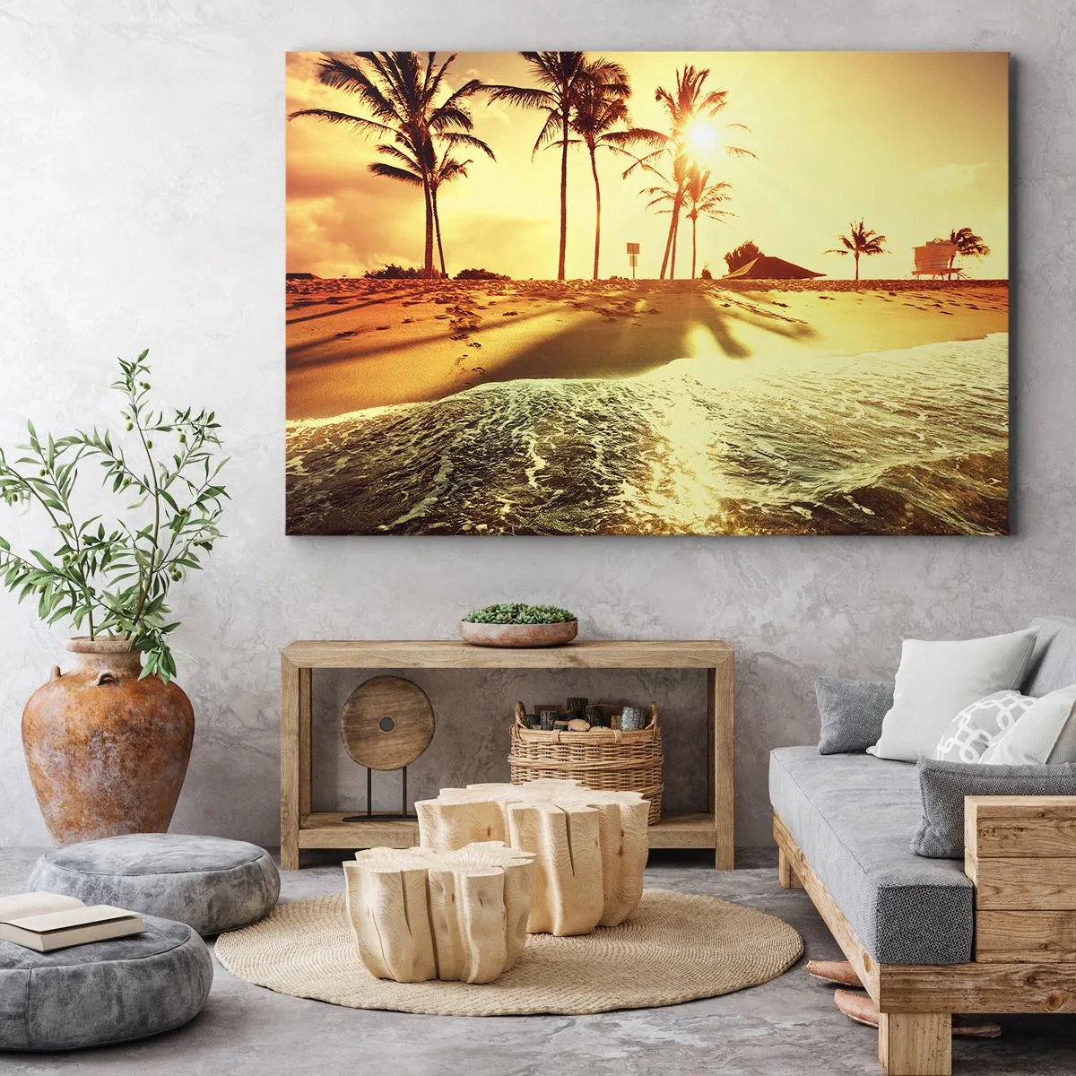 Canvas picture - A beach with palm trees illuminated by a warm sunset - 70x50cm - Californian Afternoon - Modern wall decoration for the living room and bedroom ARTTOR