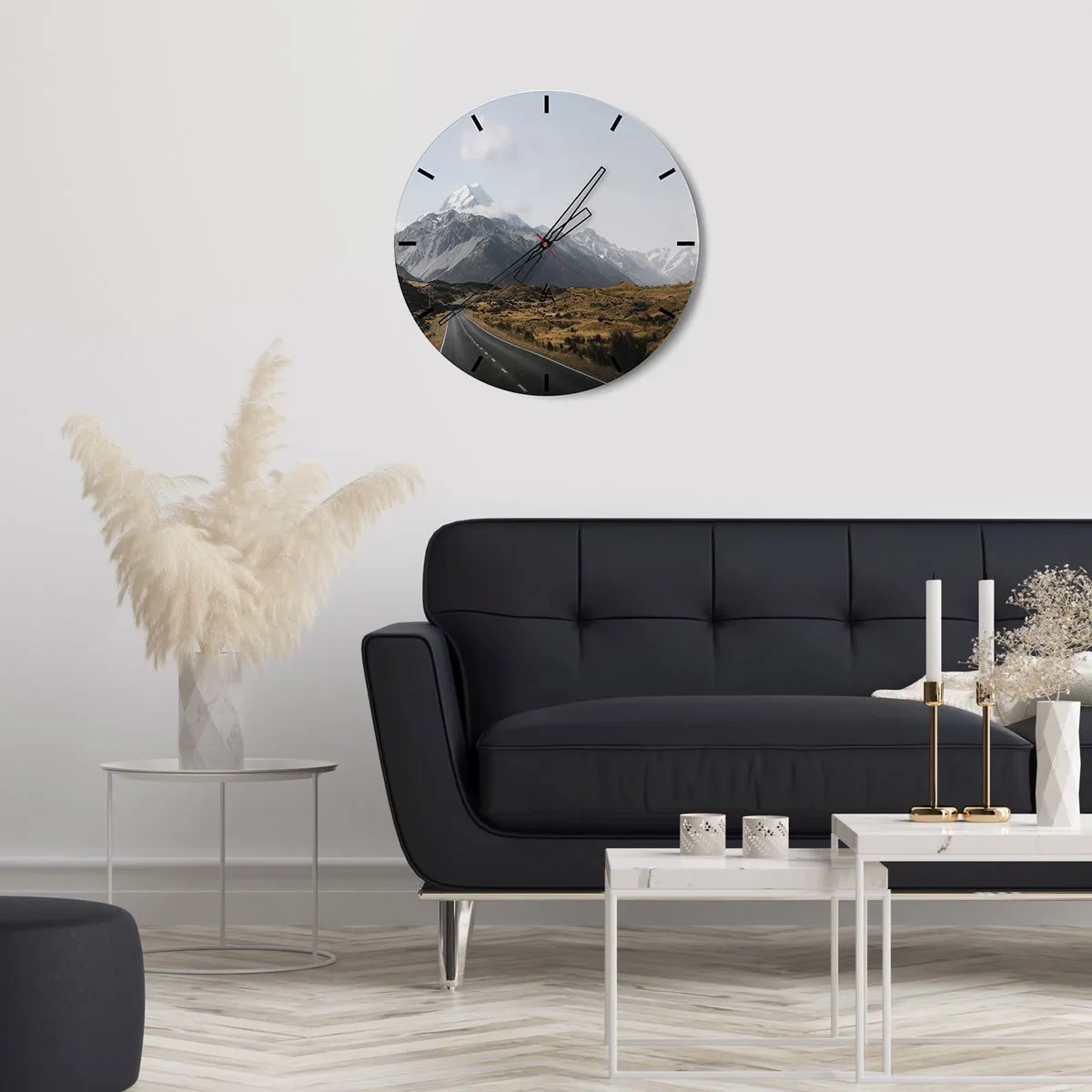 Wall clock - Clock on glass - A road leading towards snow-capped mountains under a clear sky - 30x30cm - Road to the Heart of the Mountains - Modern wall decoration for the living room, kitchen, and bedroom ARTTOR