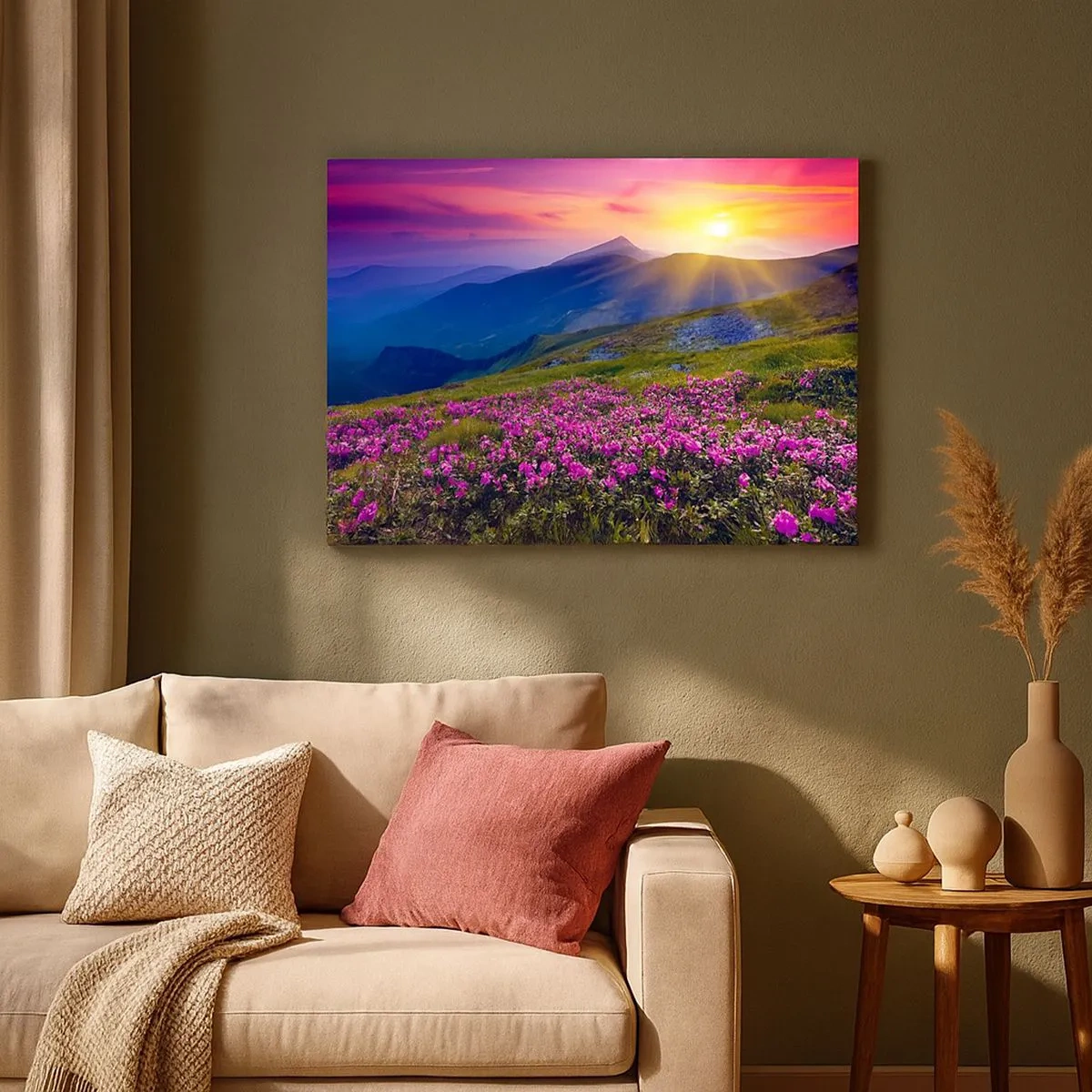 Canvas picture - A flowering meadow with a view of the mountains during sunset - 70x50cm - Surrounded by Mountain Pine and Herbs - Modern wall decoration for the living room and bedroom ARTTOR