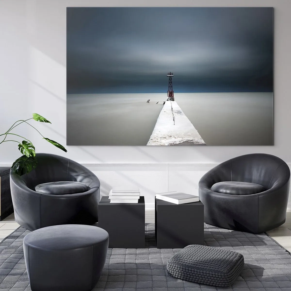 Glass picture - A minimalist pier leading to the lighthouse against the backdrop of sea and sky - 70x50cm - Encounter with Infinity - Modern wall decoration for the living room and bedroom ARTTOR