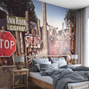 Photo Wallpaper Standard Eco - And the Time Stopped - Road sign, Route 66, USA - 150x105 cm