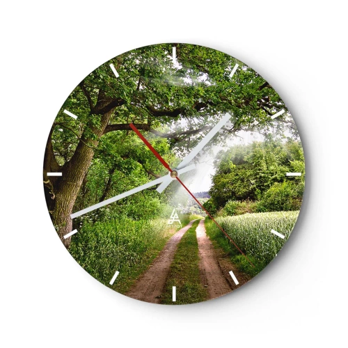 Wall clock - Clock on glass - A forest road among green trees and fields on a sunny day - 30x30cm - Et in Arcadia Ego - Modern wall decoration for the living room, kitchen, and bedroom ARTTOR
