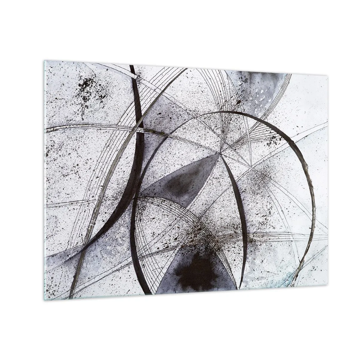 Glass picture - A black and white composition of intersecting lines and geometric arcs. - 70x50cm - Futuristic Fantasy - Modern wall decoration for the living room and bedroom ARTTOR
