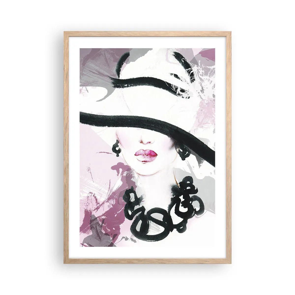 Poster in light oak frame - Portrait of a Lady in Black and Pink - 50x70 cm