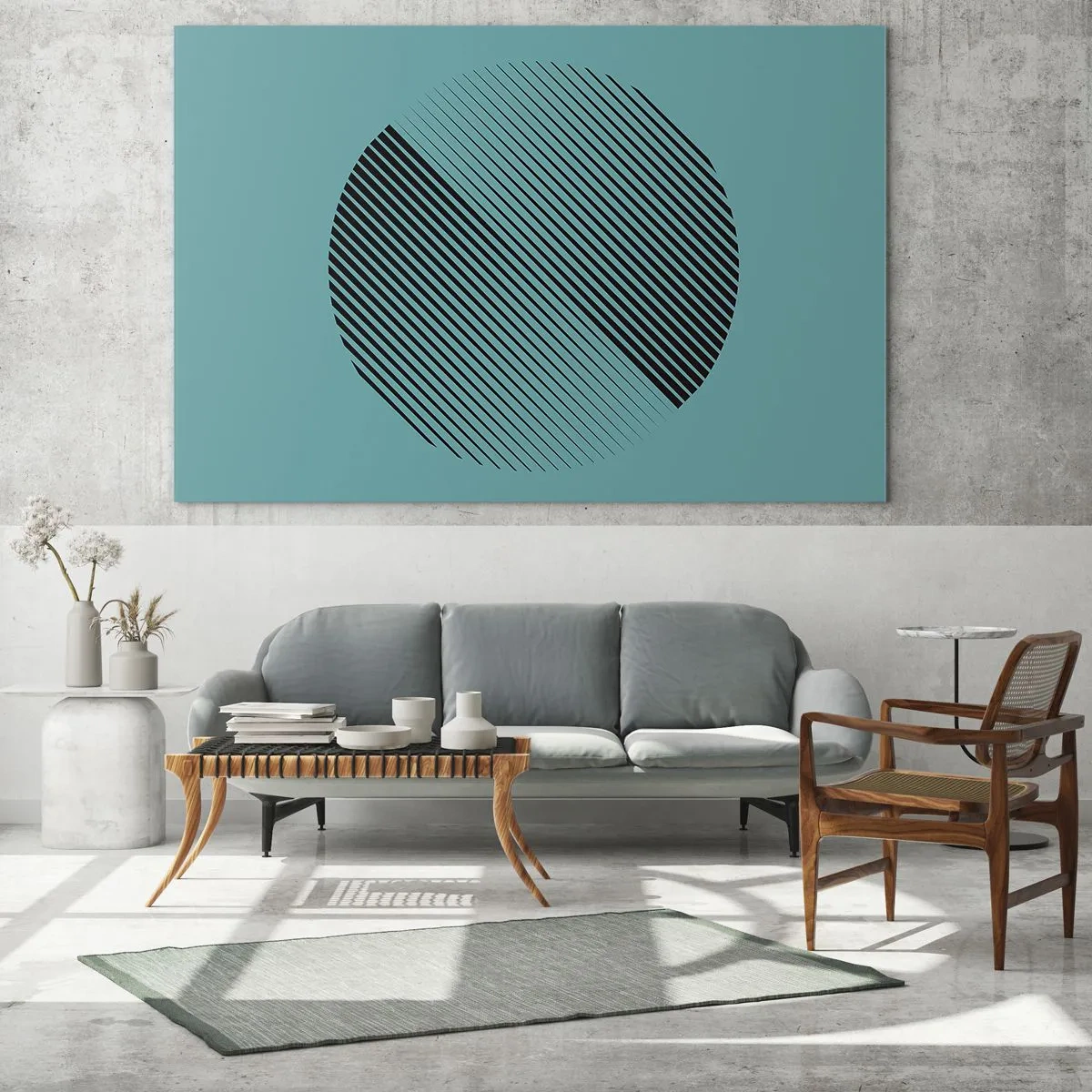 Glass picture - Black lines forming a circle on a turquoise background - 70x50cm - Circle - Geometrical Variation - Modern wall decoration for the living room and bedroom ARTTOR