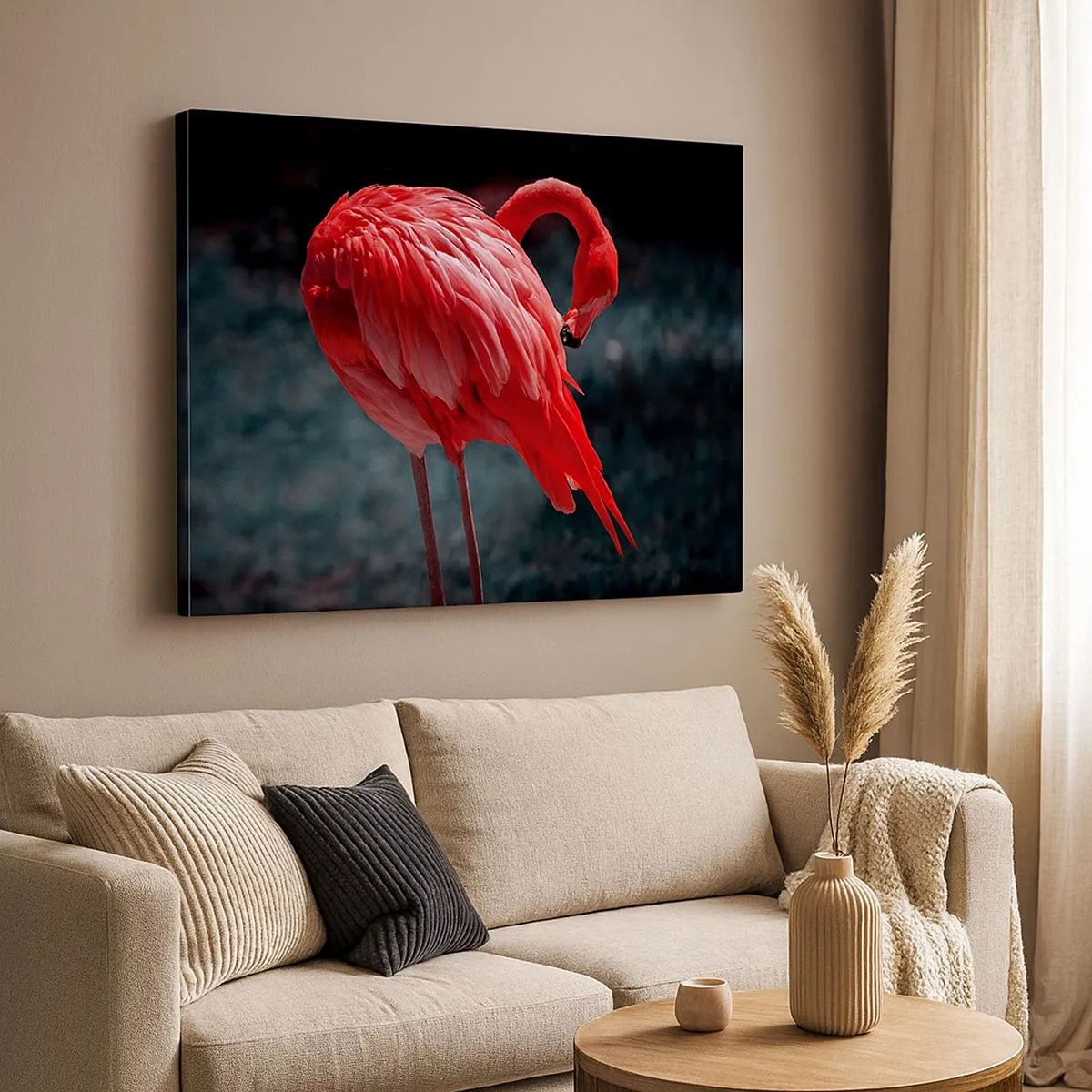 Canvas picture - A pink flamingo on a dark green background - 70x50cm - Crimson Poem of Nature - Modern wall decoration for the living room and bedroom ARTTOR